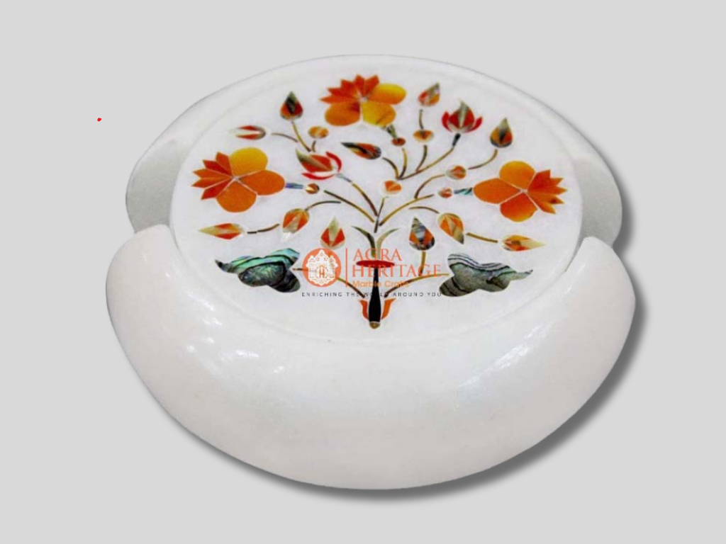 White Marble Carnelian Floral Art Tea Cup Coaster